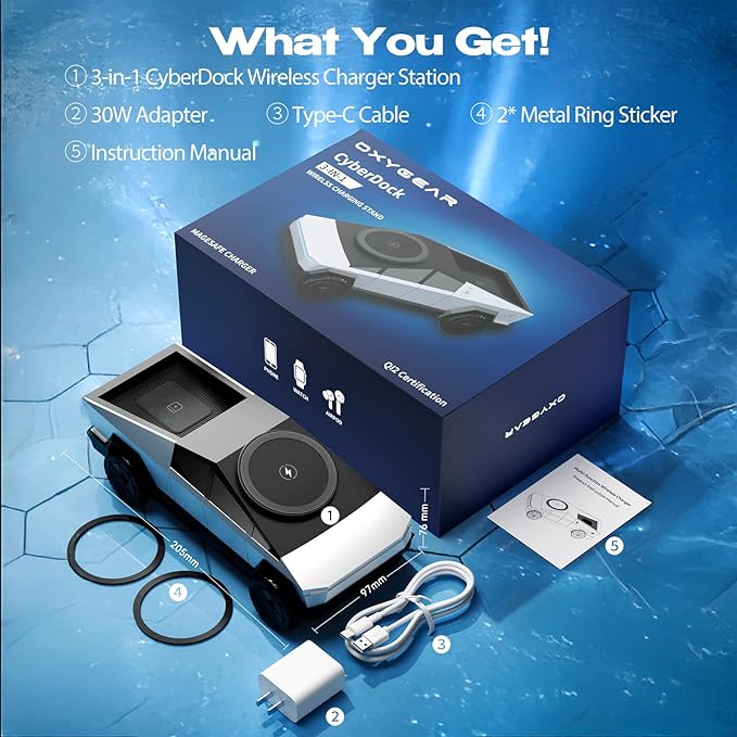 CyberDock 3-in-1 Wireless Charging Station, Cybertruck 1:25 Scale Charger with Qi2 Certified 15W Charging for iPhone iWatch AirPods, Magnetic Rotating Charger with Ambient Light, 30W Adapter, Sliver