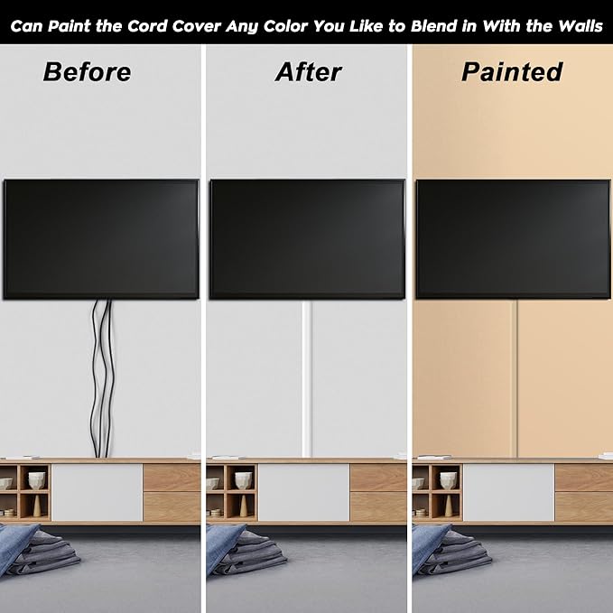 110in Cord Covers for Wires on Wall Kit, Large Cord Hider Wall Kit, Wire Covers for 3-4 Cords on Wall, White TV Cable Hider Cable Raceway, Simple Setup Wire Hider, W1.2 X H0.6in