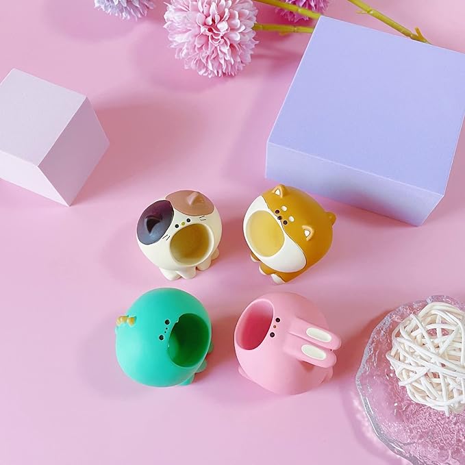 Cute Small Pen Pencil Holder, Kawaii Resin Cat Dog Dinosaur Rabbit Animal Paper Clip Toothbrush Mini Storage Organizer Office Desk Decorations