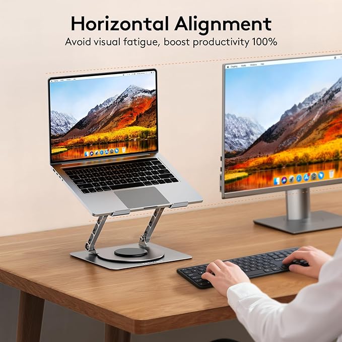 TECKNET Laptop Stand for Desk - 360ยฐ Rotating Base, Ergonomic Foldable Computer Stand for Laptop Riser, Height Adjustable, Compatible with MacBook Pro, Dell XPS, HP, and All Laptops 10-17" (Silver)