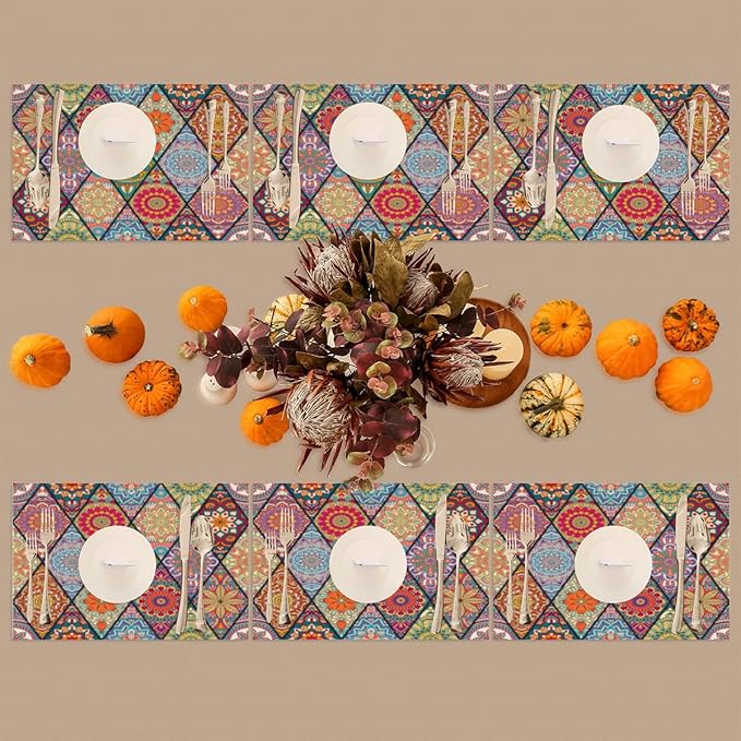 Placemats Set of 4 Heat-Resistant Rectangle Place Mats Bohemian Mexico Boho Washable Plastic PVC Dining Table Mat Non-Slip Wipeable Woven Vinyl Placemat for Kitchen Patio Table Decor