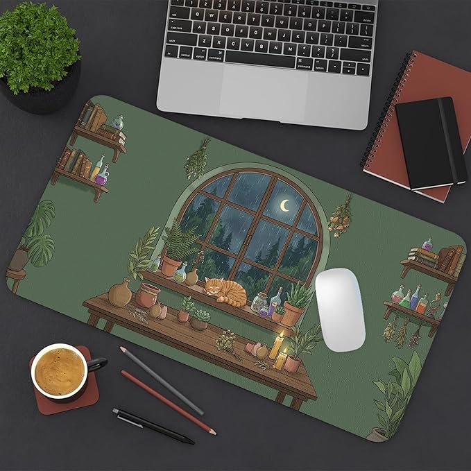 Cute Desk Mat, Green Rainy Night Large Mouse Pad for Desktop, PU Leather Waterproof Desk Pad, Anti-Slip Computer PC Laptop Protector Gaming Mouse Pads for Office Home Decorations (23.6" x 11.8")