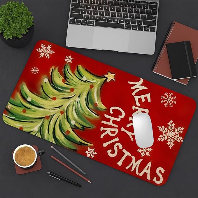 Christmas Desk Mat, Xmas Tree Merry Christmas Large Mouse Pad for Desktop, PU Leather Waterproof Desk Pad, Computer PC Laptop Protector Gaming Mouse Pads for School Office Home 23.6" x 11.8"