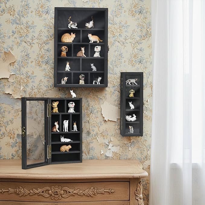 Ikee Design 3 Pcs Set Wall-Mounted Wooden Shadow Cubby Box Display Shelf with 24 Compartments with Door Storage Display Case for Collectibles, Trinkets, Mini Figures, Black Color