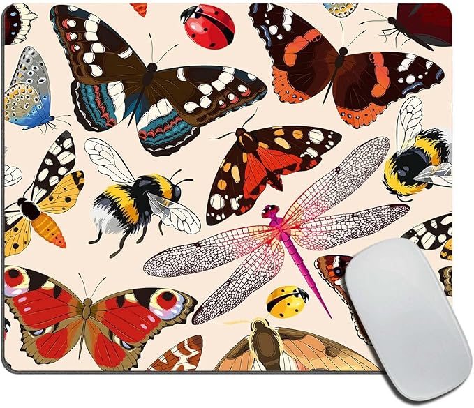 Rectangle Pink Vintage Insects Mouse pad, Bugs Pattern Mousepad, Butterflies Dragonflies Ladybugs Bees Non-Slip Rubber Base Mousepads, Computer Mouse Pads for Wireless Mouse 9.5×7.9×0.12 inches