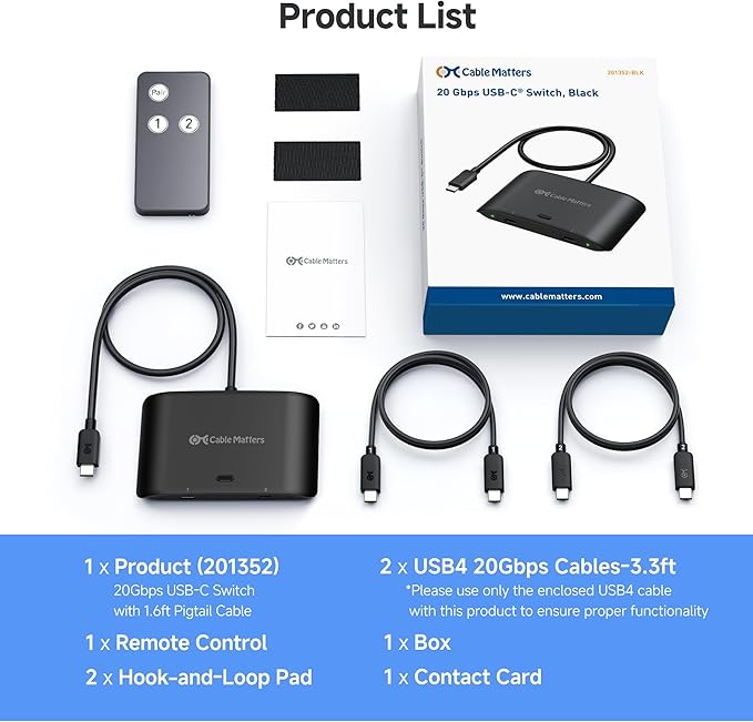 Cable Matters 20Gbps USB C KVM Switch for 2 Computers, Up to 8K@30Hz on Windows, 4K@60Hz on macOS, 140W PD, for Sharing a USB-C/Thunderbolt 4 Monitor or Dock (Not Work with Captive Cable Docks), Black