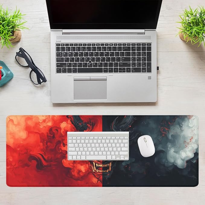 Cartoon Demon Mouse Pad Red Black Evil Japanese Ghost Face Extended Keyboard Mouse Mat for Computer Office, Big Laptop Mouse pad, Gaming Pc 31.5x11.8 in