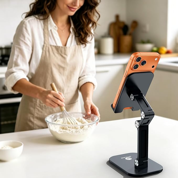 OCYCLONE Phone Stand, Cell Phone Stand Holder for Desk Office Accessories, Adjustable iPhone Stand Men Gift for Father Compatible with 4"-13" All Phones iPad Tablet - Black