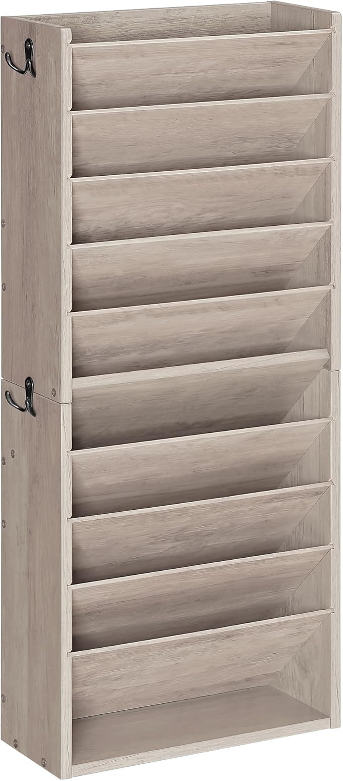 CHOEZON Wall File Organizer, 10-Tier Hanging Mail Organizer, Wall Mount File Holder with 4 Side Hooks, Industrial Mail and Storage Organizer, Wooden Vertical Hanging Holder for Office, Greige MWJ03FH