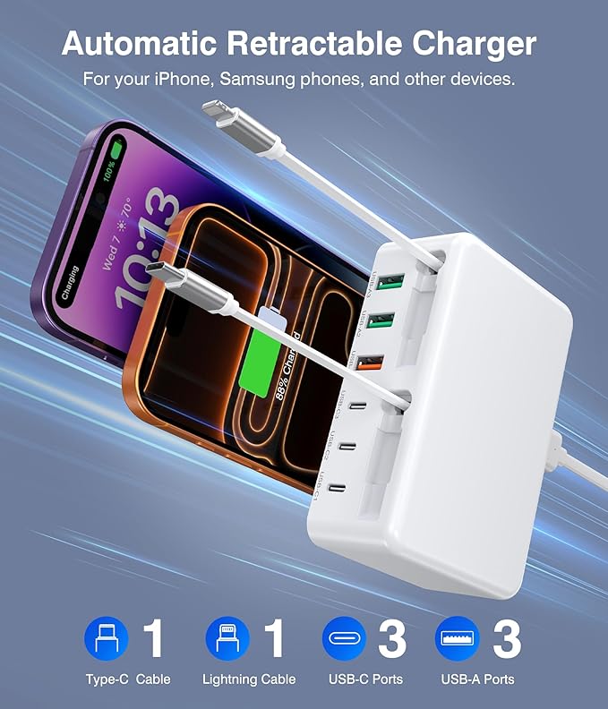 Upgraded 8-in-1 Retractable USB C Charger Block, 120W GaN Multi Charging Station Hub with Lightening & Type C Cable, Travel Essential USB C Power Strip Plug for iPhone 17 16 15 14 Pro Max iPad Galaxy
