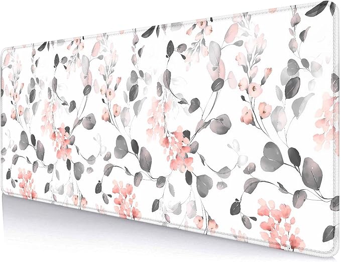 Gray and Pink Floral Large Extended Mouse Pad, Cute Grey Eucalyptus Watercolor Desk Mat, Botanical Colorful Computer Pad, Desktop Mat for Home Office Desk Decor, Gaming Keyboard Pad, 31.5 x 11.8 inch