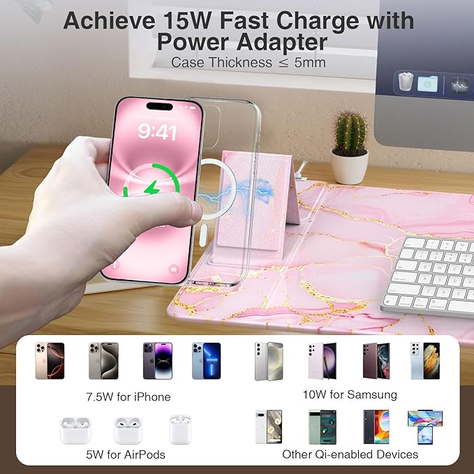 Wireless Charging Mouse Pad with Foldable Phone Holder, 31.5"x15.8" Large Desk Mat for Laptop/Keyboard, Waterproof Ultra-Smooth Surface, Non-Slip Base, Pink Marble