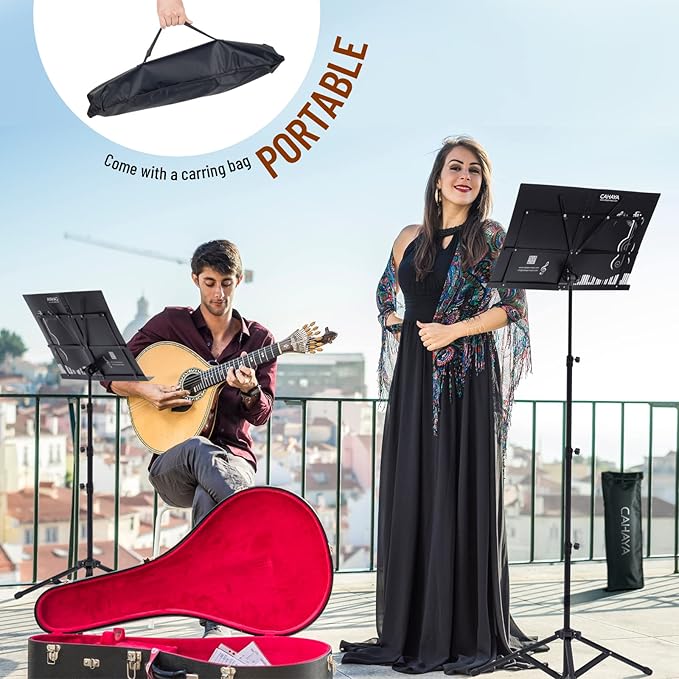 CAHAYA Portable Sheet Music Stand: Dual Use Desktop Book Holder Folding Lightweight Extra Stable Reinforced with Carrying Bag and Clip for Students Musicians Height Adjustable up to 67" CCMS0305