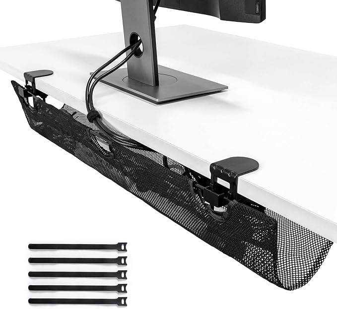 Under Desk Mesh Cable Management – 36 inch Cable Manager Tray for Cord Power Strip -No Drill Cable Management - Safe Wire Management Net for Desks, Office, and Home (Black)