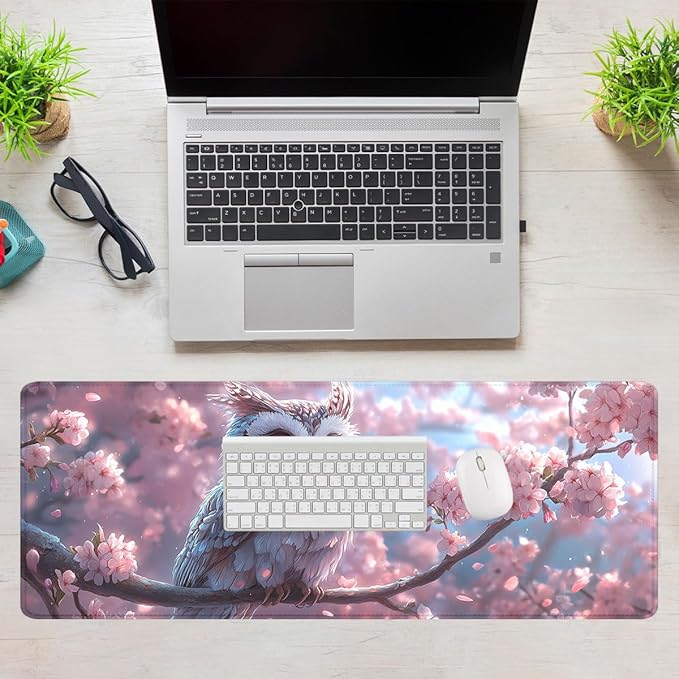 Owl Mouse Pad Fantasy Anime Pink Feathers Cherry Blossoms Extended Mousepad Waterproof Stitched Edges Rubber Base Non-Slip Deskmap Computer Keyboard Mat 31.5x11.8 in