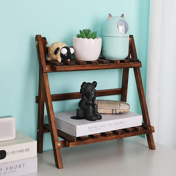 Jotsport 2 Tier Tabletop Plant Stand Step Style Desktop Storage Organizer Wood Display Shelf Decorative Storage Rack, Foldable Small Plant Shelf