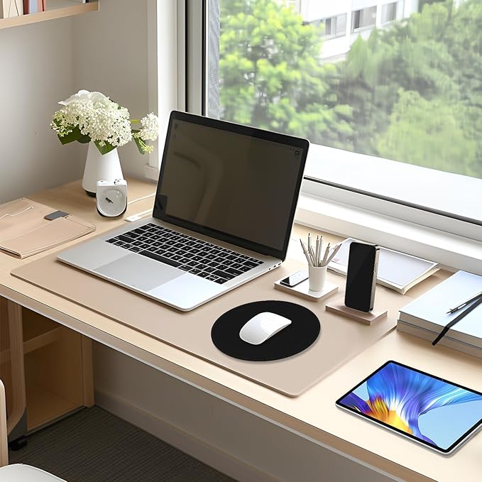 Leather Mouse Pad, Office Mouse Mat Non-Slip Rubber Base Stitched Edge Washable Waterproof Round Mousepad for Office Gaming PC Laptop, Round Diameter 8.7 inches, Black