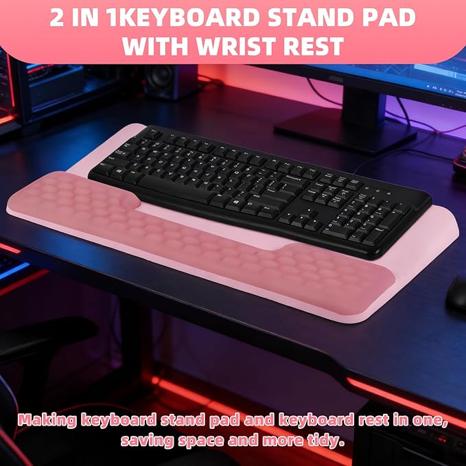 Keyboard Stand with Wrist Rest,Ergonomic Wrist Pad Memory Foam Keyboard Riser Holder Tray with Non-Slip Base, Pain Relief for Work Study Game (Pink)