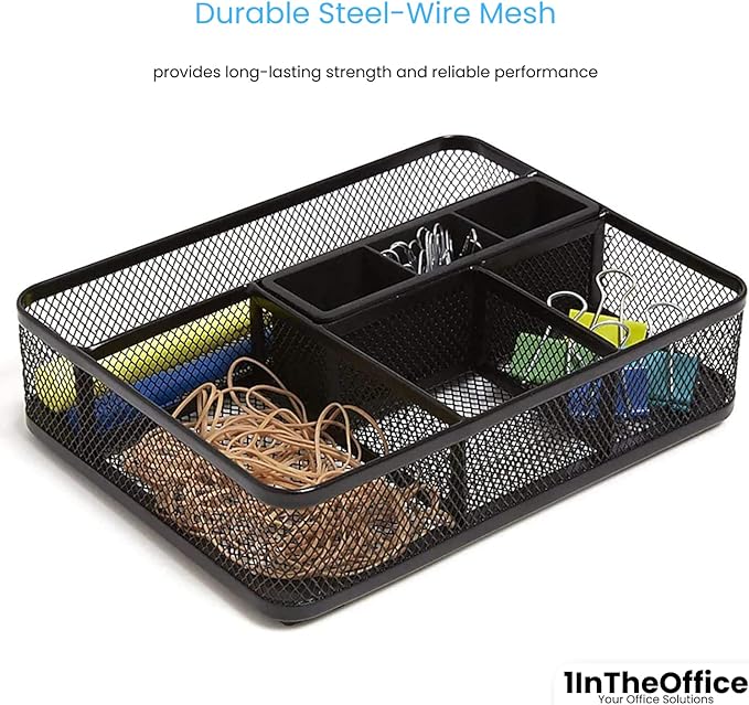 1InTheOffice Mesh Collection Desk Drawer Organizer Tray, 7 Compartment, Matte Black