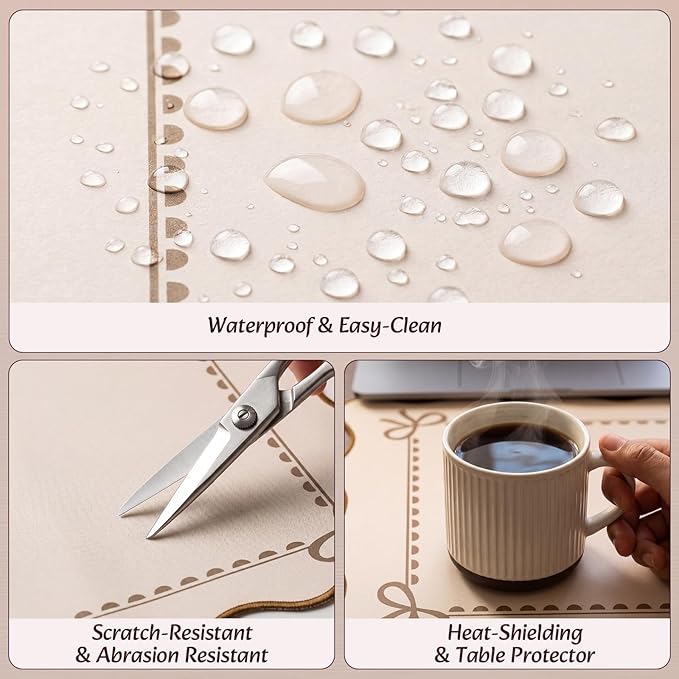 Scalloped Bow Desk Mat Cute Coquette Large Mouse Pad Kawaii Cottagecore Vintage Rustic Keyboard Pad Nonslip 2026 Graduation Gift with Stitching Waterproof Gaming(Light Khaki)