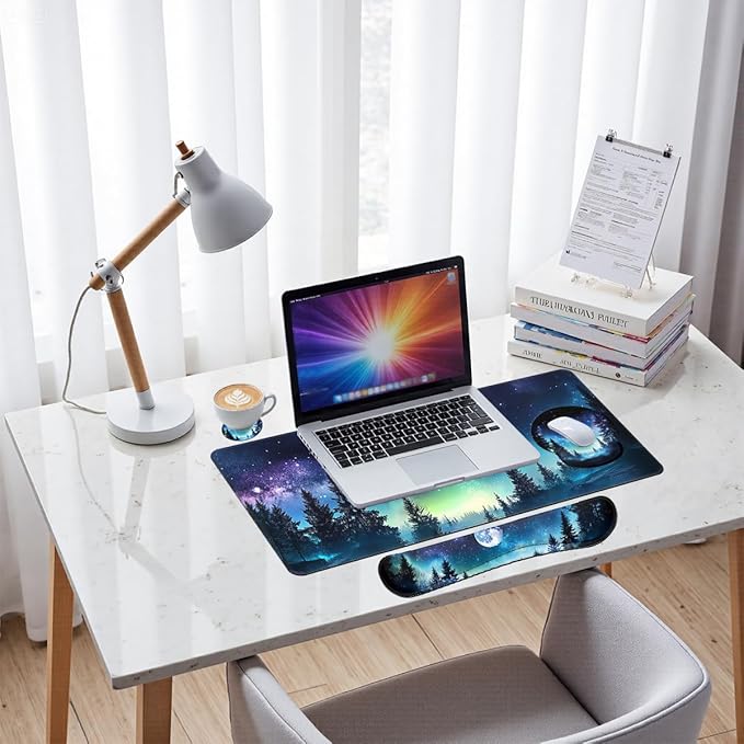 Moon Night Desk Mat Set Forest Aurora Sky Large Mouse Pad with Wrist Rest 4in1 Desk Mat for Desktop Ergonomic Computer Desk Arm Wrist Anti-Slip Computer Mouse Pad Home Office Gaming