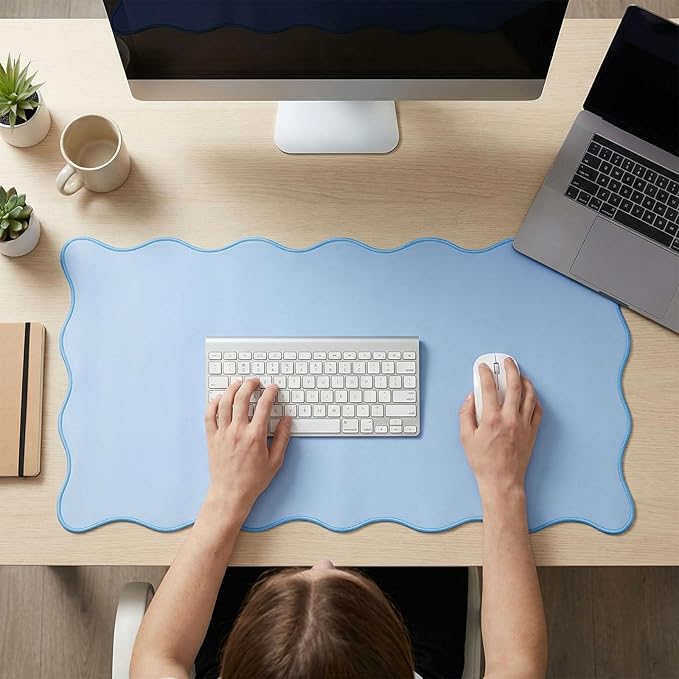 Scalloped Desk Mat 31.5" x 15.7" Large Cute Desk Mat for Desktop, Waterproof Scalloped Aesthetic Table Pad, Non-Slip Mouse Keyboard Pads Computer Accessories for Desk Office Home Gaming