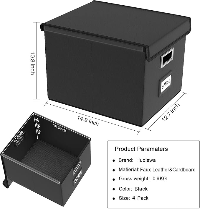 Portable Leather File Organizer Boxes with Lids, Office Document Boxes Organizer, Filing Boxes, Decorative Small File Boxes for Hanging Files with Plastic Slide for Office/Decor/Home