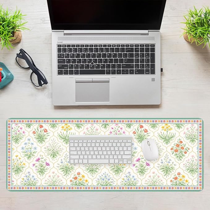 Cottagecore Floral Mouse Pad, Vintage Garden Botanical Gaming Desk Mat Extended Laptop Keyboard Non-Slip Rubber Base with Stitched Edges for Home, 31.5x11.8in Desk Home Office Gaming