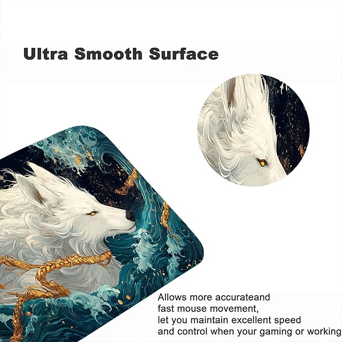 Japanese Mythology Gaming Mouse Pad Anime White Wolf Waves Fantasy Extended Gaming Mouse Pad Mat with Stitched Edge Non-Slip Base Big Size 31.5"x11.8" Office Computer Keyboard Laptop Home