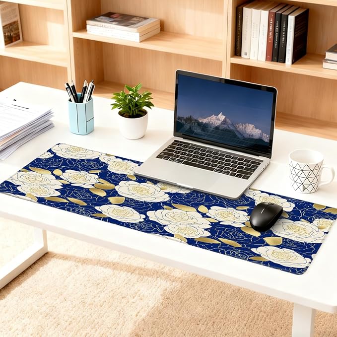 Large Mouse Pad Blue Gold Rose Non-Slip Rubber Long Gaming Desk Mat Big Computer Keyboard Mousepad Waterproof Protector Wristing Pad for Gaming Office Home Decorative 31.5 X 11.8 Inch