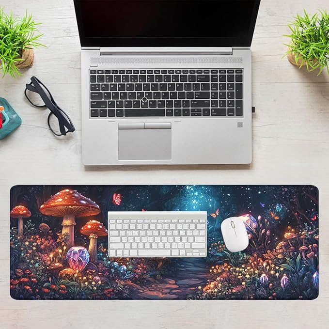 Mushrooms Mouse Pad Fantasy Crystal Butterflies Flowers Large Gaming Mouse Mat with Stitched Edges,Non-Slip Waterproof Rubber Base Mous Mat 31.5x11.8 in