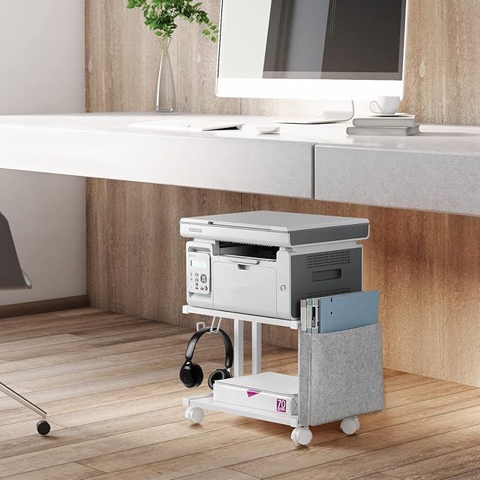 Printer Stand Under Desk Printer Table with Wheels 2 Tier Small Printer Cart with Storage Bag Desktop White Printer Stands for Home Office Fax Machine Scanner Files (White)