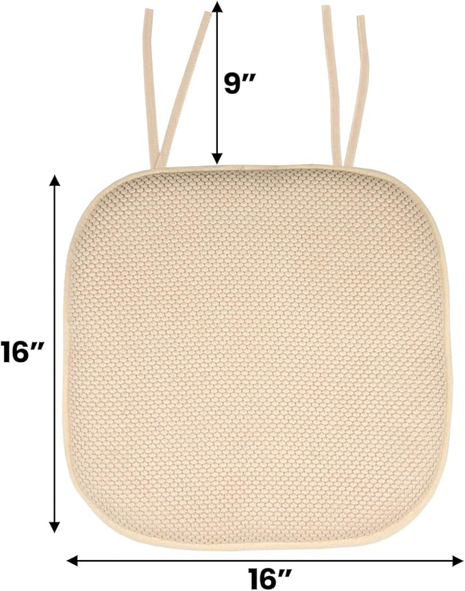 Sweet Home Collection Chair Cushion Memory Foam Pads with Ties Honeycomb Pattern Slip Non Skid Rubber Back Rounded Square 16" x 16" Seat Cover, 6 Pack, Linen 6 Pack
