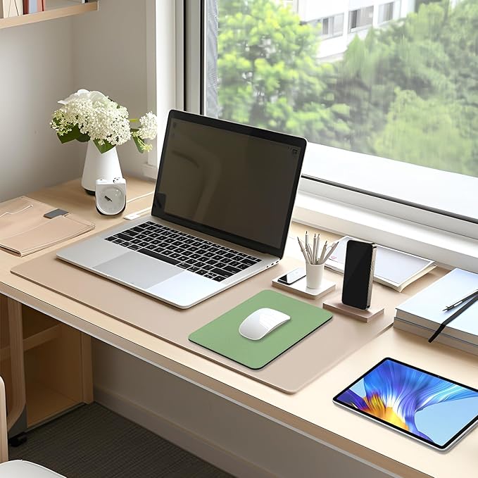 Leather Mouse Pad, Office Mouse Mat Non-Slip Rubber Base Stitched Edge Washable Waterproof Rectangular Mousepad for Office Gaming PC Laptop, 9.8" x 7.9", Lake Green