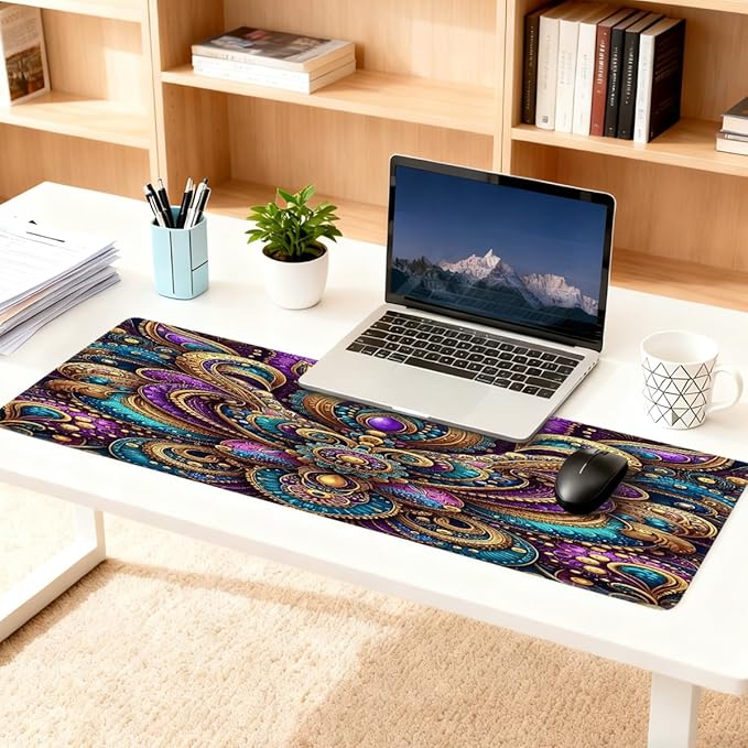 Large Mouse Pad Ethnic Boho Purplw Non-Slip Rubber Long Gaming Desk Mat Big Computer Keyboard Mousepad Waterproof Protector Wristing Pad for Gaming Office Home Decorative 31.5 X 11.8 Inch
