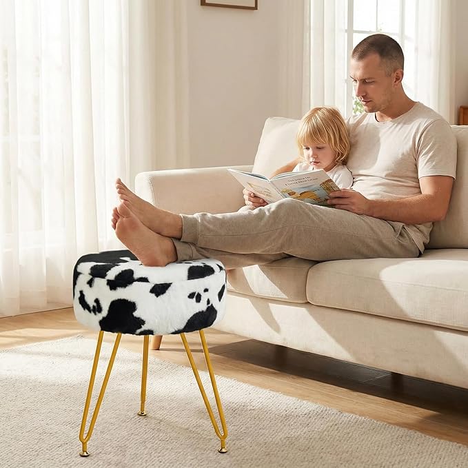 Velvet Vanity Stool, Modern Ottoman Foot Rest Stool with Adjustable Golden Legs, Makeup Chair for Vanity, Multifunctional Makeup Stool for Vanity, Small Vanity Chair for Bedroom, Cow