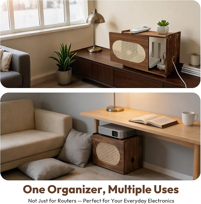 Wooden Wi-Fi Router Box Hider, Rattan Tabletop Cable Management Cabinet to Hide Modem & Cords, Fits Routers up to 11" H, Easy Assembly, 16"x10.4"x12"