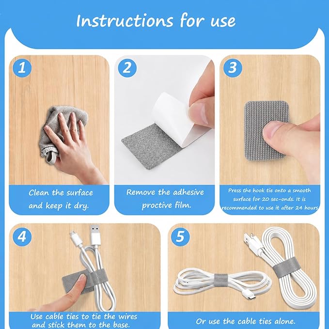 Under Desk Cable Management Set - 20 Pair Adjustable Hook and Loop Cable Ties with Adhesive Backing + 100 Pack 6 Inch Zip Ties, Complete Cord Organizer Kit for Home Office Desk Wire Management (Grey)