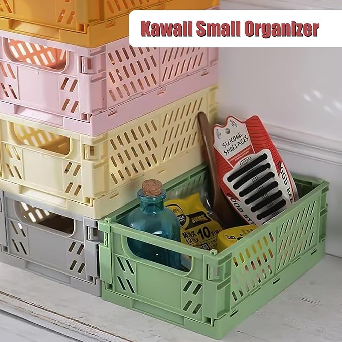Tobeso-Nuoze Mini Pastel Plastic Storage Baskets 2 Pack, Collapsible Crates for Organizing, Space-Saving Bins for Kitchen, Office, Bedroom (Orange, Small: 5.8"x 3.8" x 2.2")