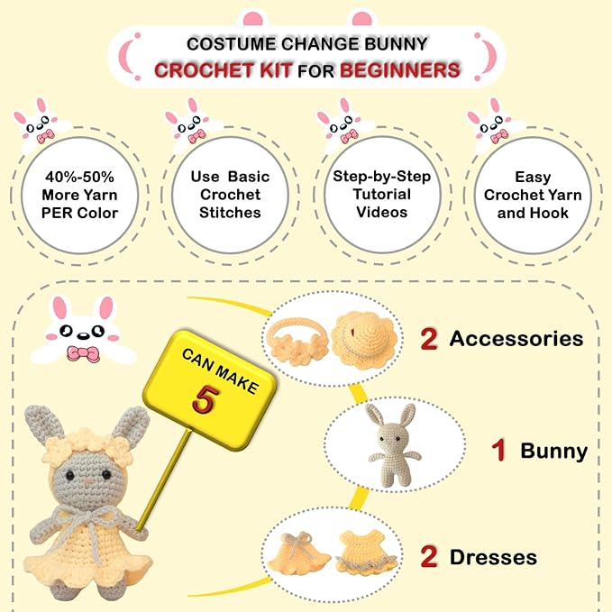 LoopMap Amigurumi Crochet Kit for Beginners with Removable Dress & Video Tutorials, DIY Bunny Making Kit Includes Premium Yarn & Tools, Creative Gift for Adults Teens (Yellow)