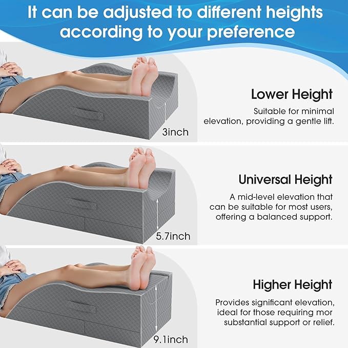TranquilRelax Leg Pillow, Leg Elevation Pillow with Pad and Memory Foam, Height Adjustable Bolster Pillow for Legs, Leg Pillow Elevation Blood Circulation, for Post-Surgery, Full Grey