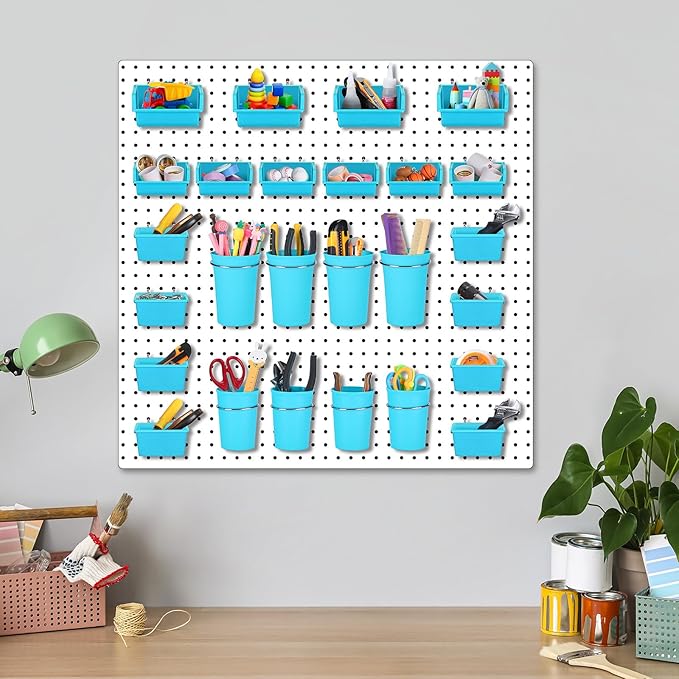 Roowest 60 Pcs Pegboard Cups Pegboard Bins Set, Wall Organizer with Hooks and Loops, Hooks Assortment Organizer Accessory for Office Storage Garage Craft Workshop(Blue)