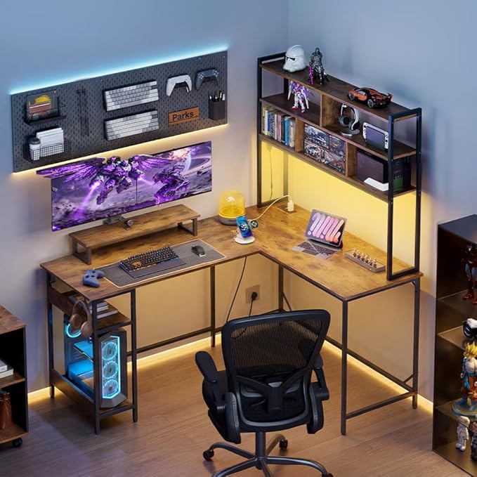 DEVAISE 60 Inch L Shaped Gaming Desk with Drawers and Storage, Corner Desk with LED Lights, Power Outlets, Computer Desk with Monitor Stand, Office Desk for Home, with Hutch, Rustic Brown