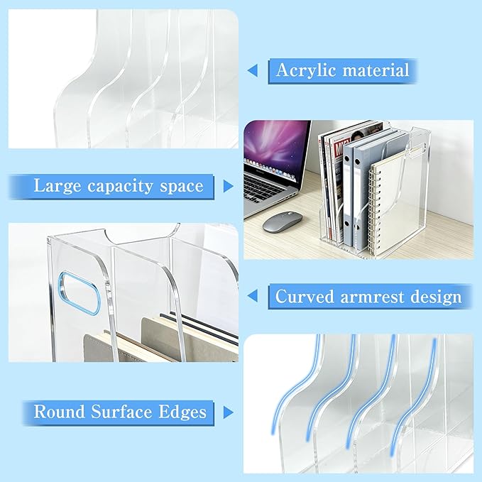 3-Tier Clear Acrylic File Holder, Vertical Document Organizer for Magazines, Binders, Notebooks & Envelopes - Multi-Purpose Desk Storage for Home Office(A4,3 Sections)