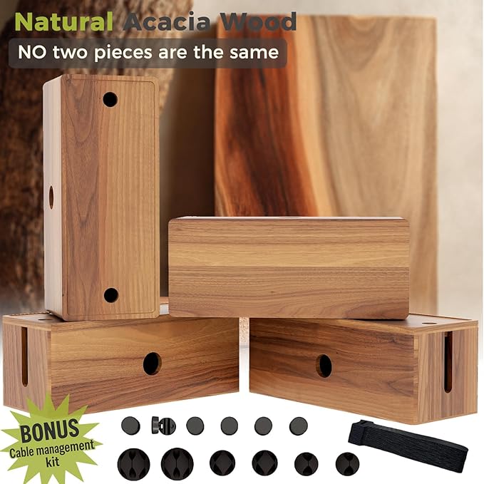 Acacia Wooden Large Floor Cord Cover Box for Power Strips, Low Profile Cable Concealer for Floor Wires and Extension Cords, Cord Protector and Wire Hider for TV, Router, Home Office and Living Room