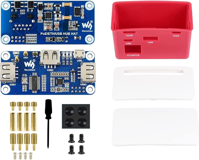 Waveshare PoE Ethernet USB HUB HAT with Box ABX Case for Raspberry Pi Zero/Zerow/2, with 1 RJ45 10/100M Ethernet Port, 3 USB Ports Compatible with USB2.0/1.1, 802.3af-Compliant