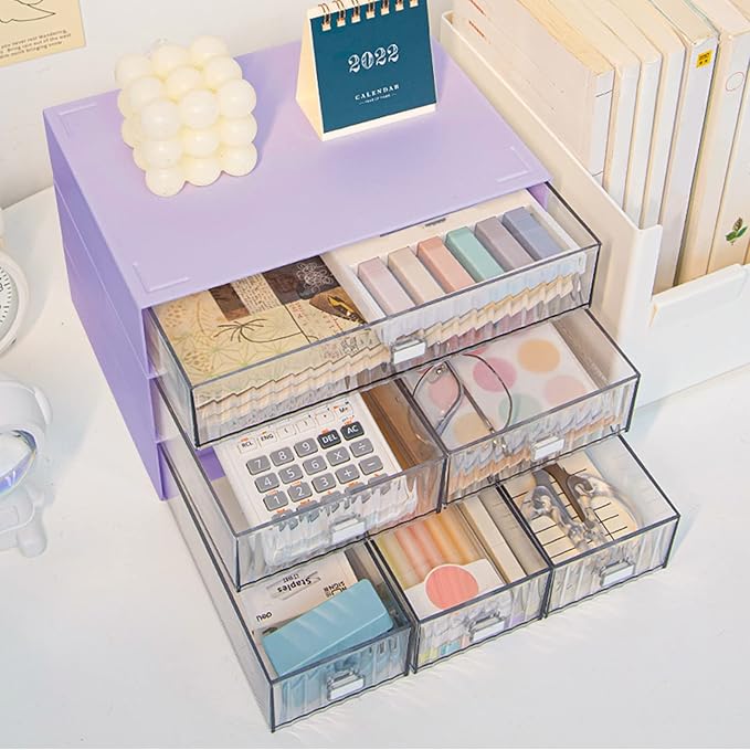 3 Tier Stackable Desk Organizer with 6 Drawers, Plastic Desktop Storage Box Drawers, Detachable Makeup Storage Office Stationery Supplies Organizer for Office School(Purple)