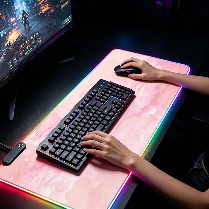 RGB Large Gaming Mouse Pad, Extended Mouse Pad with 12 Lighting Effects, Water Proof Mutispandex Surface, Non-Slip Rubber Base, 80x30 cm / 31.5×11.8 in (Pink Nebula)