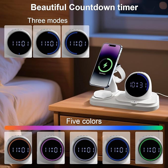 6-in-1 Wireless Charging Station with Bluetooth Speaker,Digital Clock and Ambient Lights,Fast Wireless Charger for for Multiple Devices for Apple - iPhone 17 16 15 14 13 12 Pro Max Apple Watch Airpods