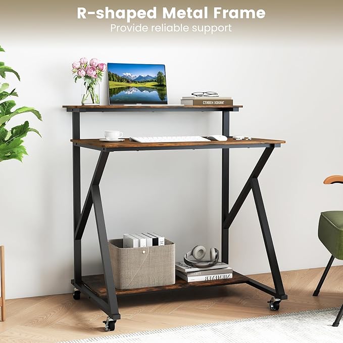 Tangkula Rolling Computer Desk Cart with Power Outlets, 32" Mobile Portable Laptop PC Desk with Monitor Stand, CPU Stand & Storage Shelf, Compact Small Desk on Wheels for Small Space (Rustic Brown)